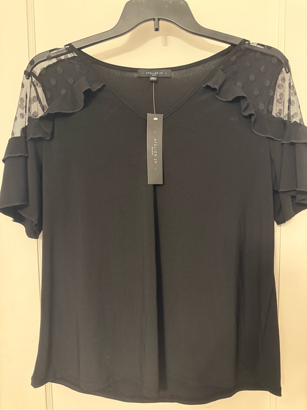 Atelier 29 Black Short-Sleeve Ruffle Dot Mesh Top